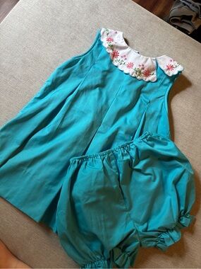Girls' Teal Embroidered Collar Dress with Blooming Bloomer Set